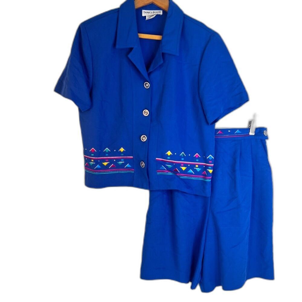 Nancy Bolen City Girl Y2K Short Set Quirky Eclectic Patterned Hem Top Size 10 MD
